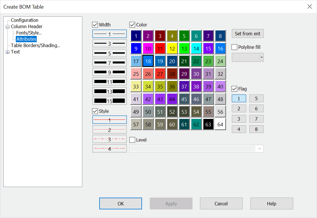 KeyCreator Tools BOM Table Column Attributes