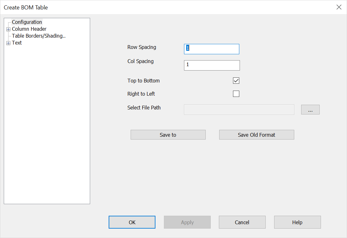 KeyCreator Tools BOM Table Configuration