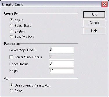 KeyCreator Prime Solid Primitive Cone options
