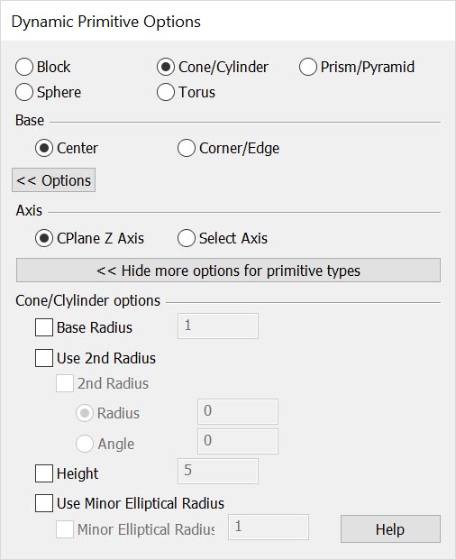 KeyCreator Create Primative Solid Dynamic Cone Dialog