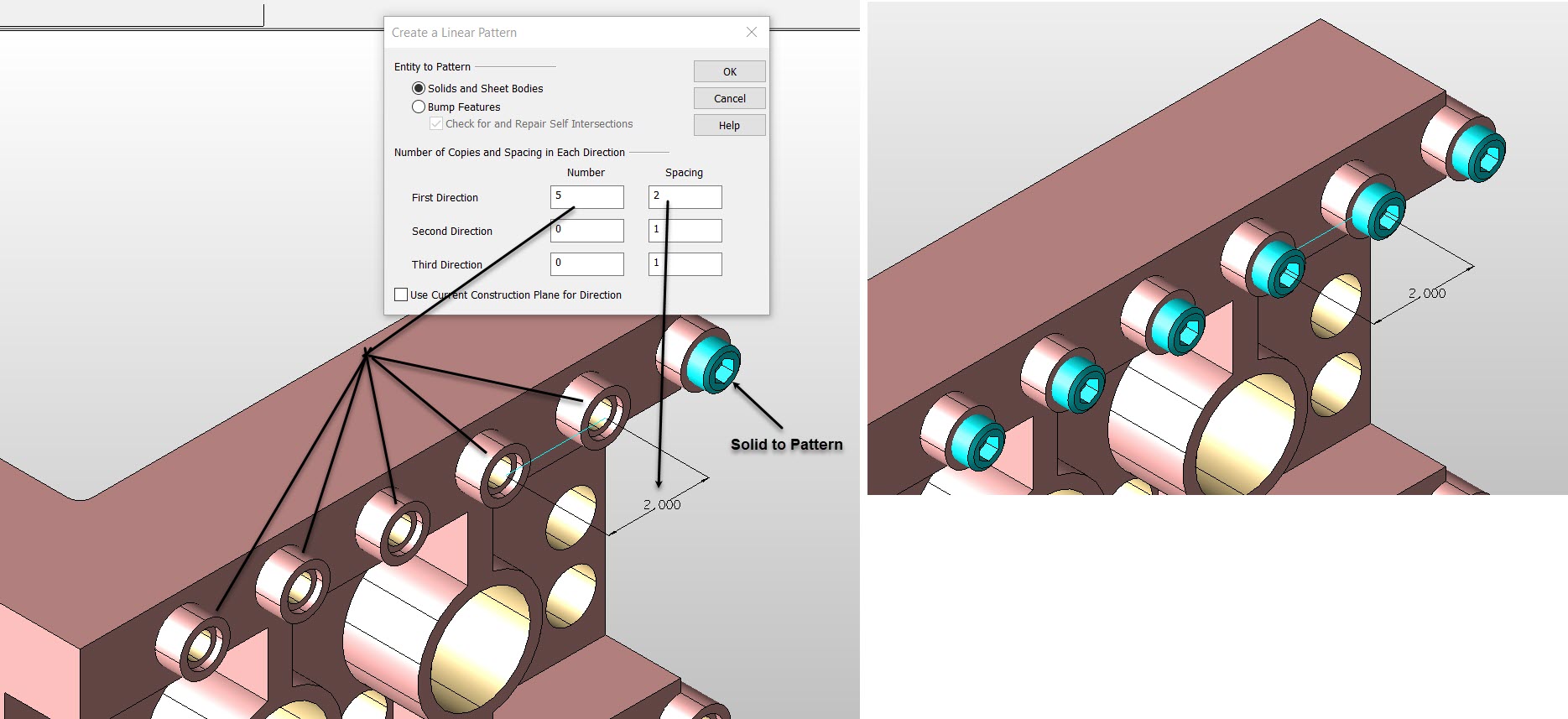 KeyCreator Pro Create Solid Feature Pattern Linear example