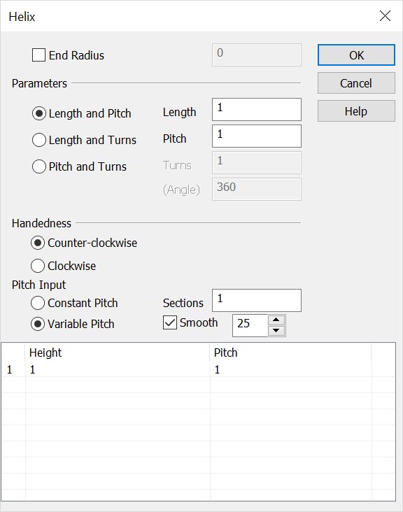 KeyCreator Drafting Curve More Nurbs Helix Dialog