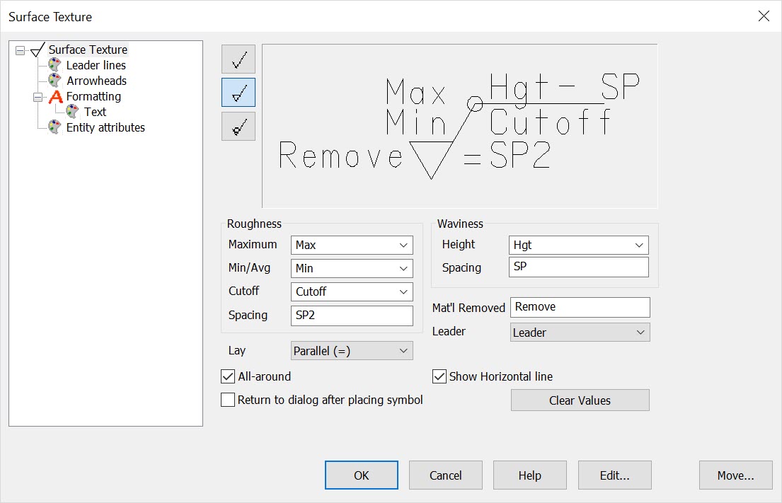 KeyCreator Pro Detail Symbol Surface Finish Dialog