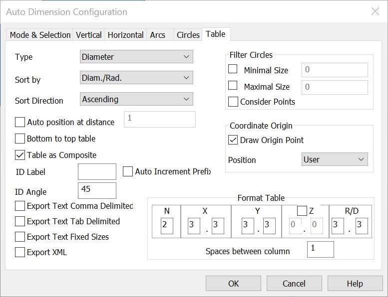 KeyCreator Tools AutoDim Table Dialog