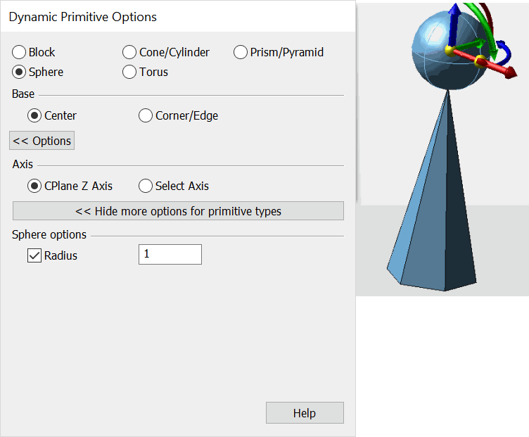 KeyCreator Create Primative Solid Dynamic Sphere Dialog