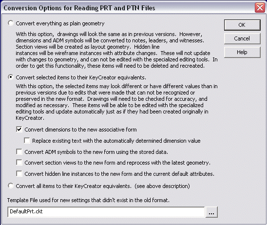 Conversion Options for Reading PRT and PTN Files Dialog | Kubotek Kosmos