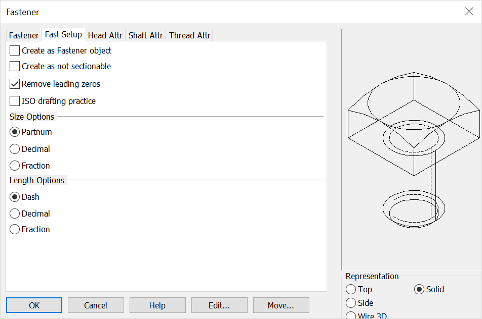 KeyCreator Tools Fastener Setup Options