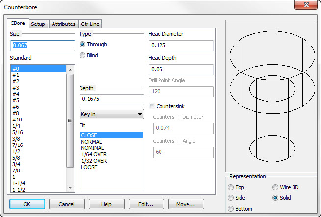 KeyCreator Tools Feature Counterbored Hole dialog 2