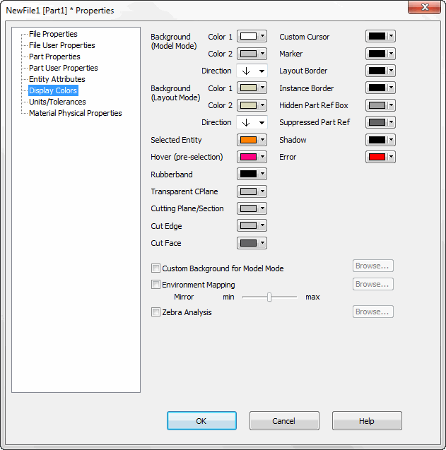 KeyCreator Drafting File Properties Display Colors Dialog