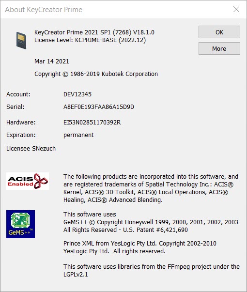 KeyCreator Prime Help About dialog