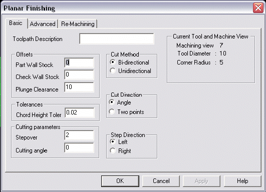 KeyCreator Tools Machinist Planar Finish options