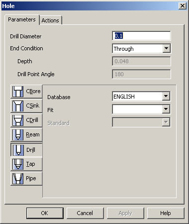 KeyCreator Modify Solid Feature Hole options