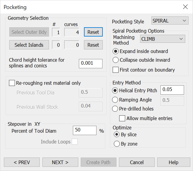 KeyCreator Tools Machinist 2D Pocket 2nd Dialog