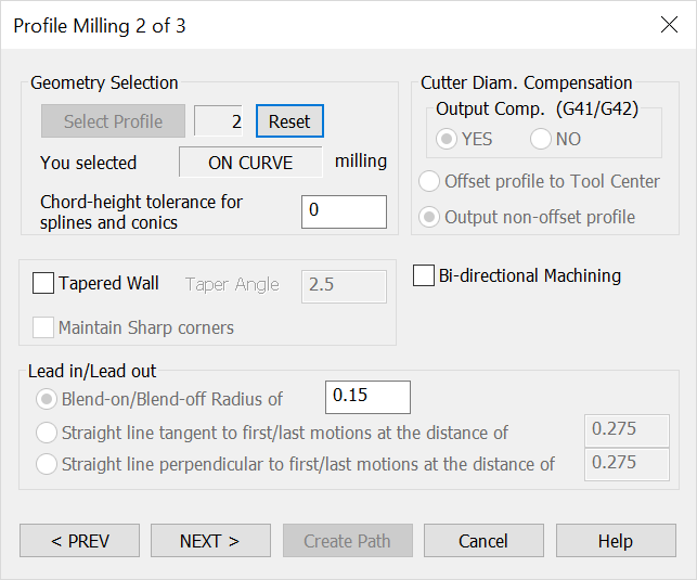 KeyCreator Tools Machinist 2D Profile 2nd Dialog