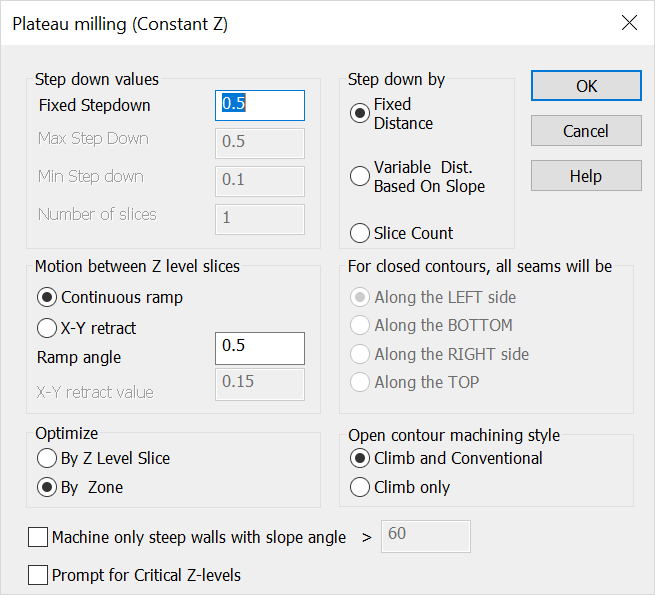 KeyCreator Tools Machinist Finish Plateau Milling 2nd Dialog