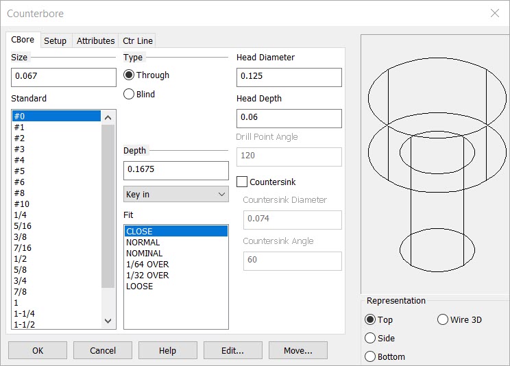 KeyCreator Drafting Mechanical Counter Bored Hole