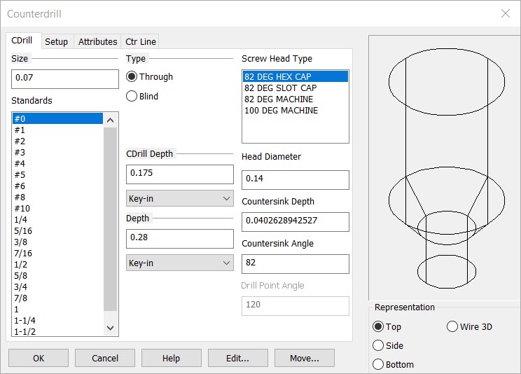 KeyCreator Drafting Mechanical Counter Drilled Hole options