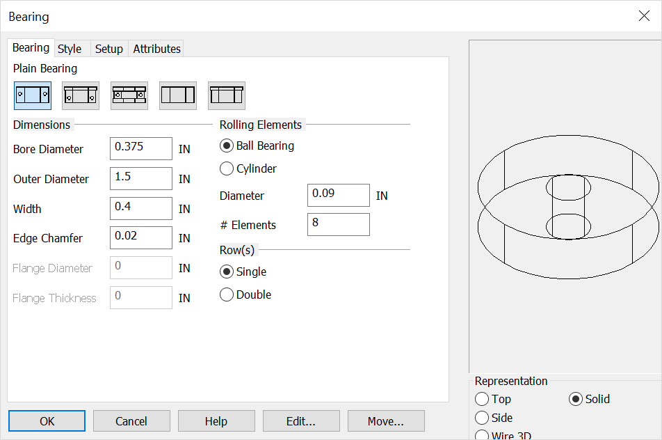 KeyCreator Tools Mechanical Element Bearing Options