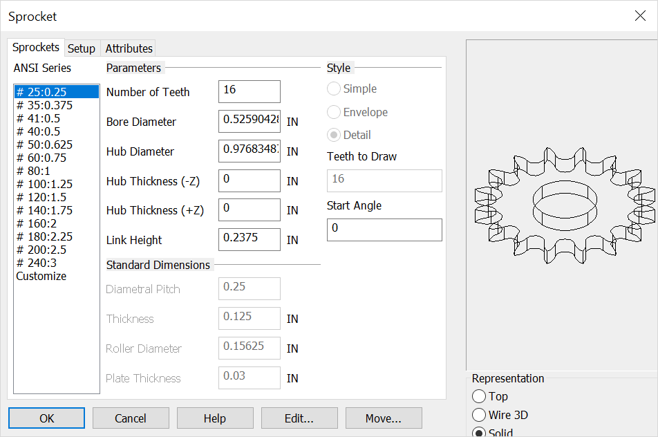 KeyCreator Tools Mechanical Element Sprocket Options