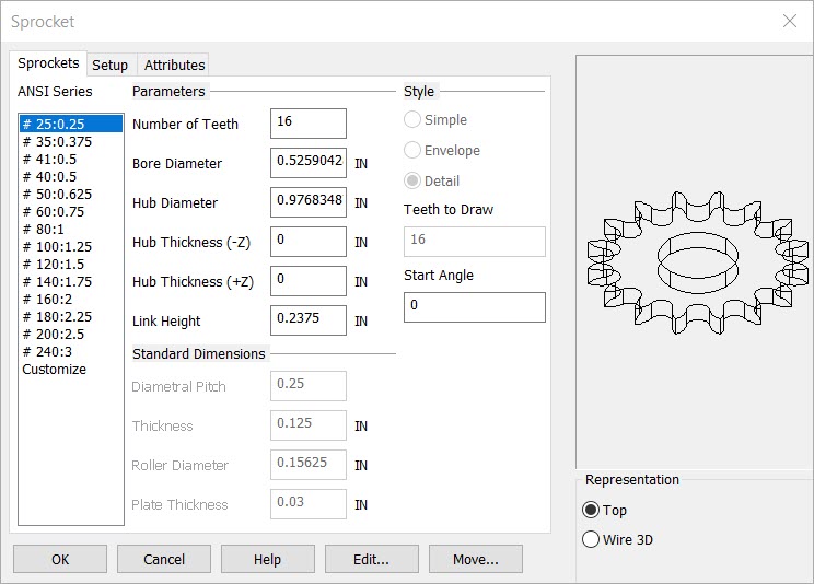 KeyCreator Drafting Mechanical Sprocket options