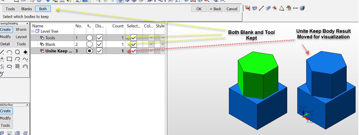 KeyCreator Pro Modify Boolean Unite Keep example