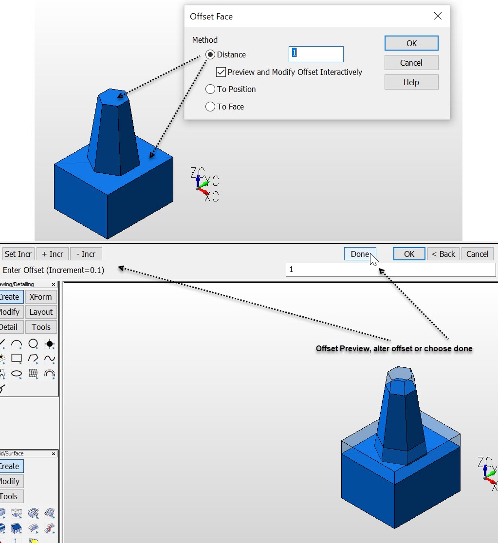 KeyCreator Pro Modify Solid Face>Offset Face example