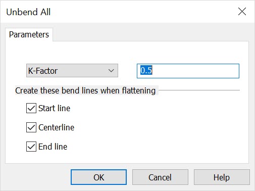 KeyCreator Prime Solid Sheetmetal Unbend All Dialog