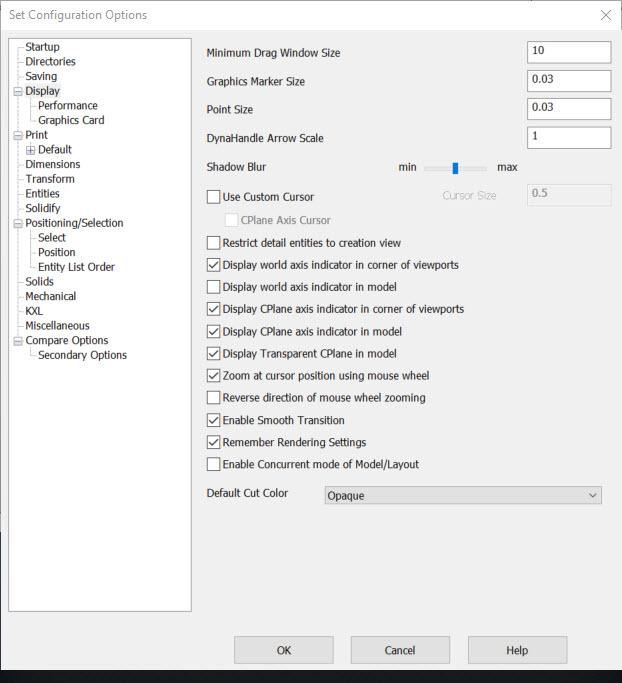 KeyCreator General Dyna Handle Display dialog options