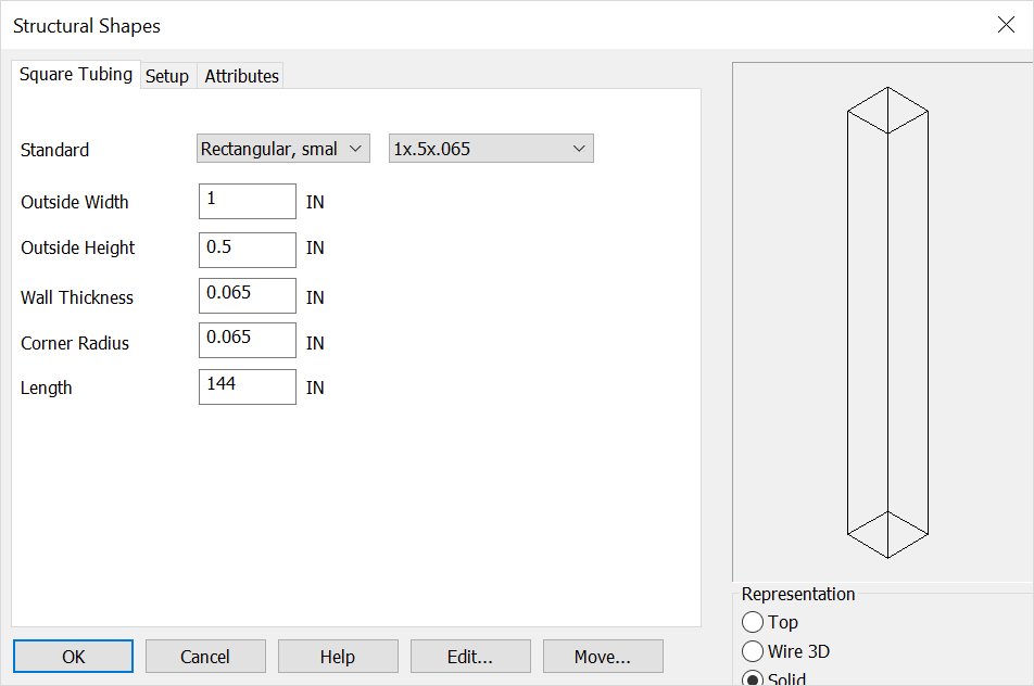 KeyCreator Tools Structural Shapes Rectangular Tube Options