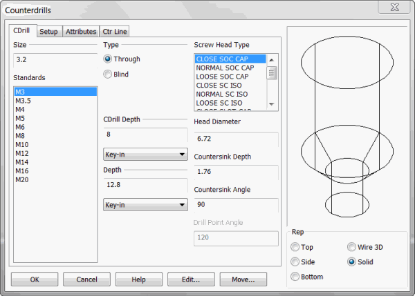 KeyCreator Prime Solid Feature Counterdrilled Hole dialog