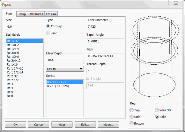 KeyCreator Prime Solid Feature Pipe Tapped Hole dialog