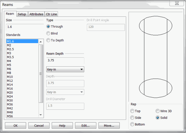 KeyCreator Prime Solid Feature Reamed Hole dialog