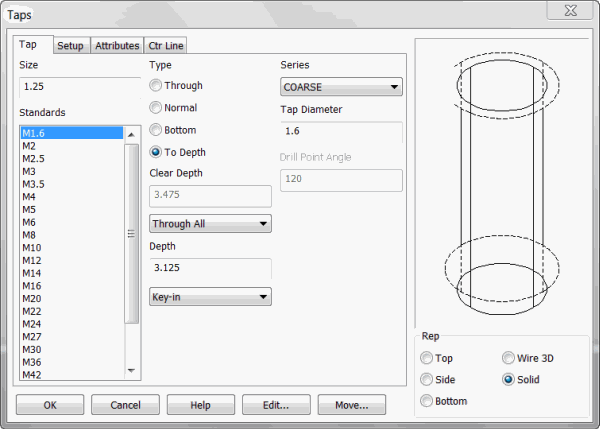 KeyCreator Prime Solid Feature Tapped Hole dialog