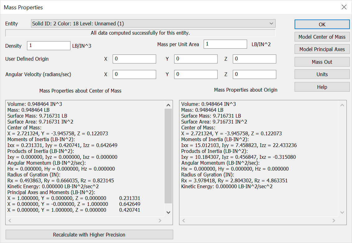 KeyCreator Verify Mass Properties Results Dialog